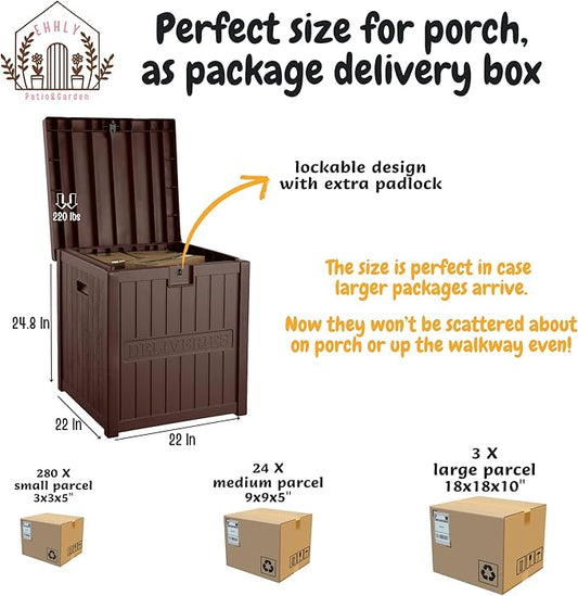 51 Gallon Resin Package Bin for Outside, Secure Lockable Package Box for Front Porch, Large Outdoor Waterproof Deck Box, Brown