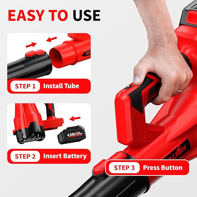 FULLYEA Cordless Leaf Blower, 6 Speed Modes, 500 CFM/150 MPH Leaf Blower Cordless with 3 Tubes & 2x4.0Ah Batteries, Battery Powered Leaf Blowers for Patio, Yard, Sidewalk, Garage Cleaning, Lawn Care