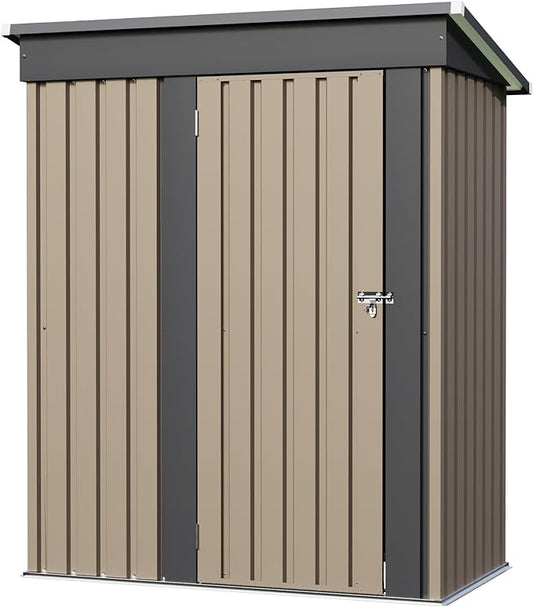 JUMMICO Metal Outdoor Storage Shed 5 x 3 FT Metal Shed with Lockable Door,Waterproof Garden Tool Shed Storage House for Backyard Patio Lawn, Brown