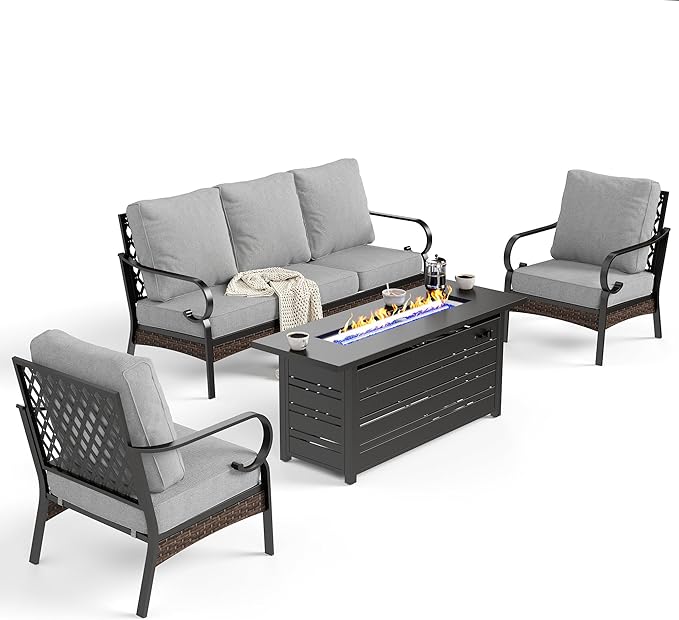 4 Piece Black Metal Outdoor Patio Furniture Sets with Firepit Table, Patio Conversation Sets 1 3-Seater Sofa, 2 Single Sofa with 5.75" Cushion Backyard Furniture for Deck, Light Gray