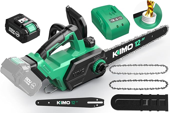 KIMO Brushless Electric Chainsaw 12 Inch Cordless with 4.0Ah Battery & Fast Charger, 54.5 FT/S Powerful Cutting, Security Lock,Auto Oiler Battery Powered Chainsaw for Wood Cutting & Tree Trimming