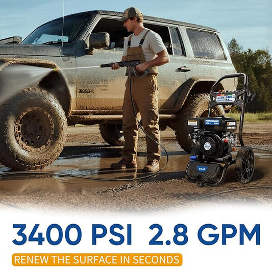 TOOLCY Gas Pressure Washer 3400PSI/2.8GPM Power Washer Upgraded Pump, 30ft Hose, Onboard Soap Tank, Spray Gun &5 Quick-Connect Nozzles for Driveway, Deck, Car Cleaning
