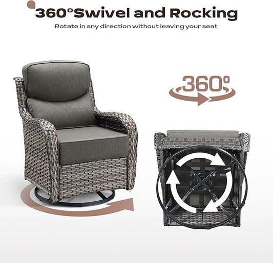 Rilyson Wicker Outdoor Patio Furniture Set - 5 Piece Patio Conversation Sets with Swivel Rocker Chairs, Ottomans and Sofa, 6 inch Cushions, Waterproof Wicker, for Porch Deck Mixed Grey/Grey