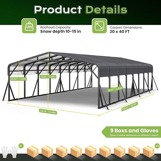 20x40FT Metal Carport, Heavy Duty Car Garage w/Reinforced Support Rods and Windproof Ground Anchors, All-Weather Multi-Use Outdoor Shelter for 4 Car, Boats and Truck