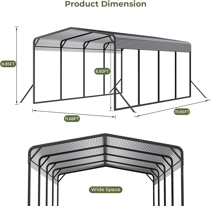 Lyromix 12x20 FT Outdoor Metal Carport, Heavy Duty Carport with Galvanized Steel Roof and 4 Support Feet, Extra Large Car Port Garage Shelter for Car, Boat and Tractor