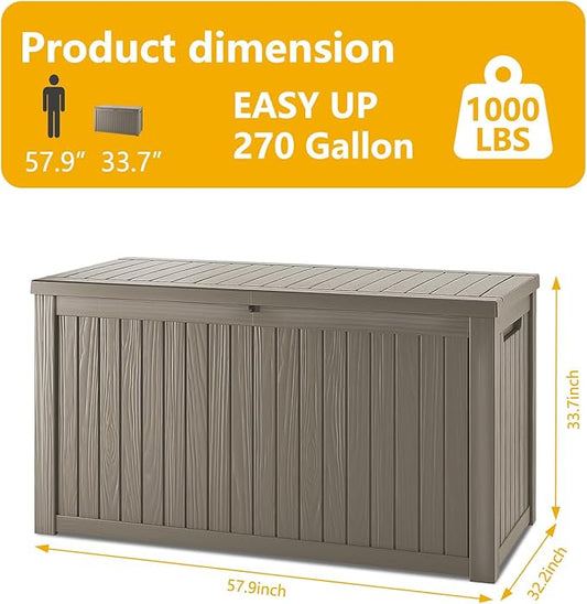 Mersco 270 Gallon Double-Wall Resin Deck Box - Lockable Waterproof Outdoor Storage Box, 1000lbs Capacity & Doubles as Seating for Patio Furniture - Garden Tools, Pool Accessories (Grey)