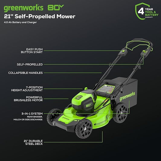 Greenworks 80V 21" Brushless Cordless (Self-Propelled) Lawn Mower (75+ Compatible Tools), 4.0Ah Battery and 60 Minute Rapid Charger Included