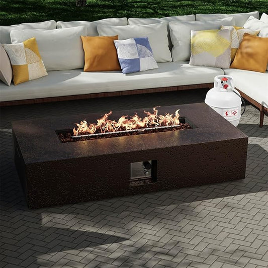 Outdoor Fire Pit, 56 inches Rectangle Propane Gas Patio Fire Table 50,000 BTU Concrete Travertine Design, Low Firepit Table with Lava Rocks, Waterproof Cover (Dark Brown)