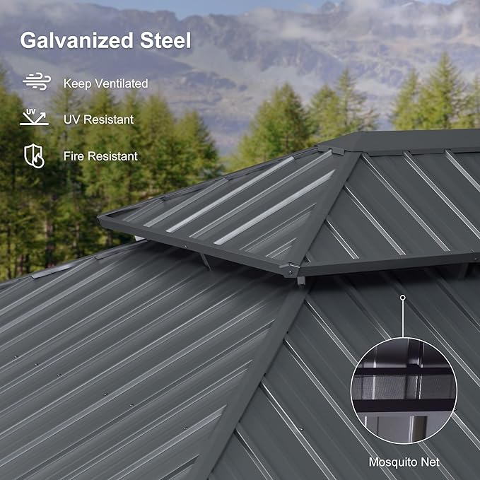 PURPLE LEAF 11' X 15' Hardtop Gazebo Aluminum Gazebo with Galvanized Steel Double Roof for Patio Lawn and Garden Curtains and Netting Included Grey
