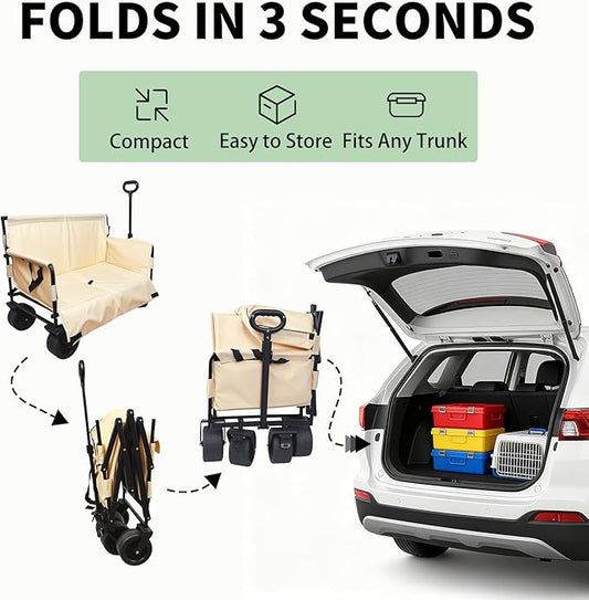 Collapsible Folding Wagon, Foldable Beach Wagon Cart with 300L Storage Collapsible 330LBS Folding Cart Adjustable Handle, Outdoor Utility Wagon for Groceries, Camping, Sports, Shopping(White)