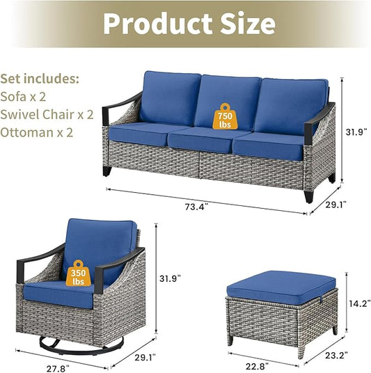 6 Pieces Patio Furniture Sets - All Weather Outdoor Swivel Rocker Patio Chairs with 3-Seat Sofa and Multifunctional Ottomans, Outdoor Conversation Set for Garden Porch Balcony Deck Gray/Blue