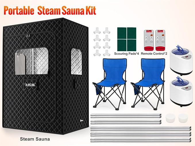 Upgraded 2 Person Sauna Box, Extra Large Sauna Box, Portable Sauna Tent with 2 Steamers, 2 Folding Chair, 71”x 49”x 36”, Black