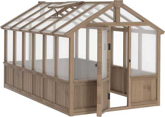 Mupater 6'x12' Wooden Polycarbonate Greenhouse,Outdoor with Ventilated Window and Lockable Door, Walk-in Greenhouse for Backyard, Patio, Lawn, Brown