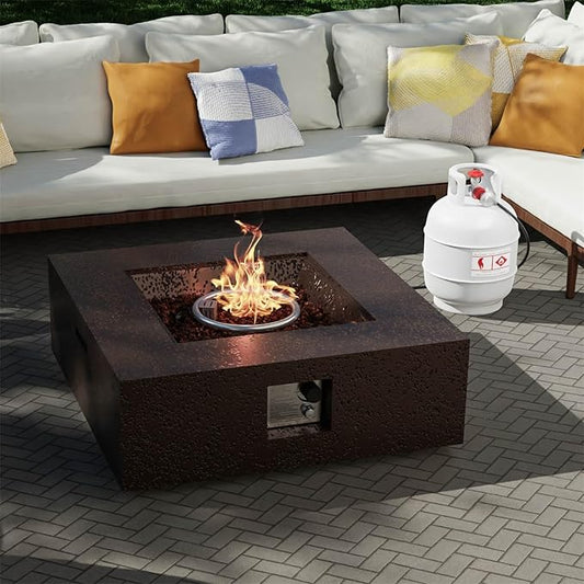 Outdoor Fire Pit, 35 inches Square Propane Gas Patio Fire Table 50,000 BTU Concrete Travertine Design, Low Firepit Table with Lava Rocks, Waterproof Cover (Dark Brown)
