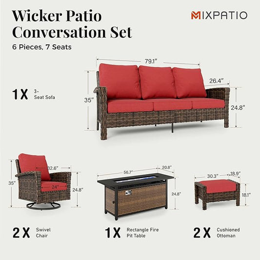 6-Piece Wicker Patio Furniture Set with Swivel Chairs, High Back Outdoor Furniture with Fire Pit Table and Ottoman, All-Weather Wicker Patio Conversation Set for Deck Yard Pool,Red