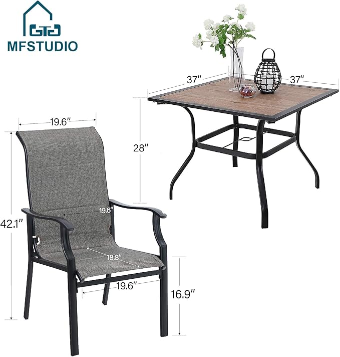MFSTUDIO 5 Pieces Patio Dining Set, Square Wood-Like Table with 4 Padded Mesh Textilene Fabric Chairs, Outdoor Metal Furniture Set with Umbrella Hole for Garden, Poolside, Backyard, Porch