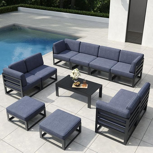 11 Pieces Aluminum Patio Furniture Set with Coffee Table, Metal Outdoor Conversation Sofa Set with Seating Cushions