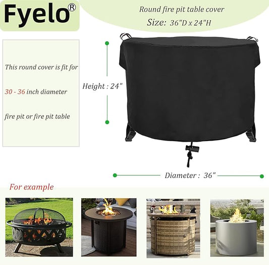 Round Fire Pit Cover 36" Dia X 24" H, 600D Strong Tear Resistant, Waterproof & UV Resistant Outdoor Cover, Fit for 33",34" ,35",36" Round Gas Firepits, Fire tables or Fire bowls, Black