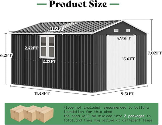 AMERLIFE 10x12x7 FT Outdoor Storage Shed with 2 Transparent Panels, Metal Garden Shed with Hinged Double Doors, 2 Windows & 4 Vents, Reinforced Steel Frame for Backyard, Garden, Dark Gray