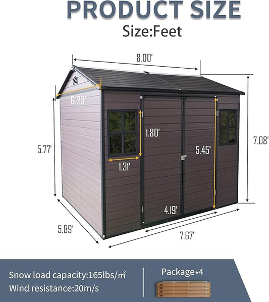 8x6 ft Outdoor Resin Storage Shed with Floor, Waterproof Plastic Garden Shed with Lockable Door and Two Windows, All-Weather Tool Sheds for Backyard, Patio, Lawn (Brown)