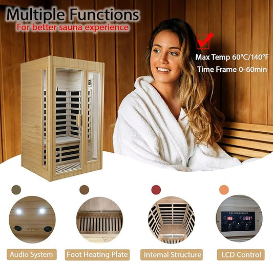 LTCCDSS Sauna, Far Infrared Saunas for Home, Wood Sauna 2 Person 1500W/120V Low Emf Indoor Sauna Room with Tempered Glass Door/Bluetooth Speakers/2 LED Lights - 43.2 * 38.3 * 73 inch