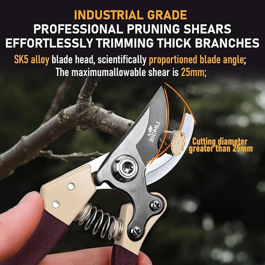 Heavy Duty Pruning Shears,Garden Scissors & Clippers with Red-BIDMLI 8.66" SK5 Steel Blades & Aluminum Alloy Handles, Tree Branch Cutter, Ideal for Thick Branches, Dry Twigs, Flower Pruning Tool.