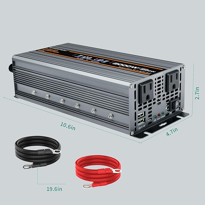 2000W Power Inverter 4000W (Peak). 12V DC to 110V/120V AC Converter with LCD Display, 2 AC outlets, 2 USB, 2000w Inverter for Camping RV Travel Outdoor Truck Off-Grid Solar inverters