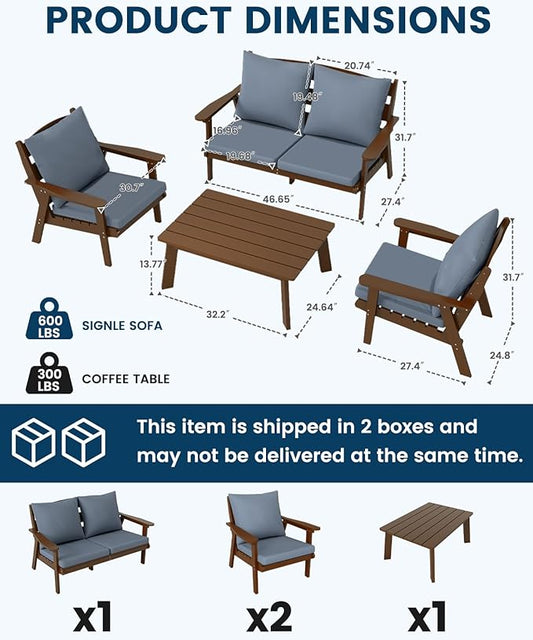 FOOWIN 4-Piece Patio Furniture Set, HDPE All-Weather Outdoor Conversation Set with Thick Cushions, Sectional Patio Sofa Furniture for Deck, Porch, Lawn, Garden, Brown Frame & Grey Cushion