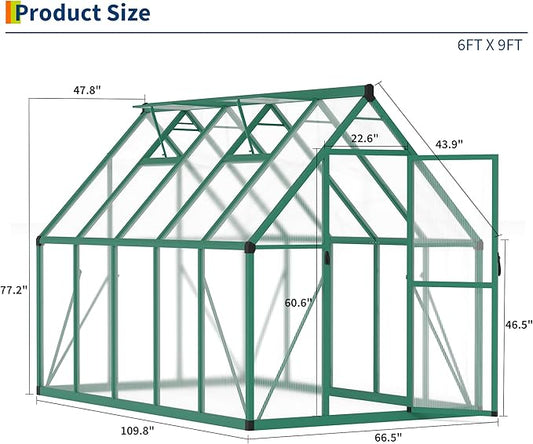 6 x 9 ft Greenhouse, Polycarbonate Walk-in Greenhouse with Aluminum Frame, Adjustable Roof Vent and Lockable Door, Easy Assembly, Green Houses for Outside, Garden, Backyard and Patio
