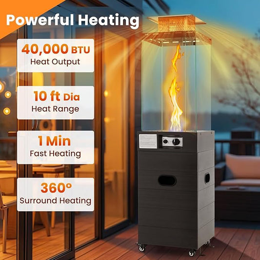 Tangkula Outdoor Heater, 40,000 BTU Propane Patio Heater with Tempered Glass Tube, Stainless Steel Burner, Wheels and Cover, Patio Heater for Outdoor Use, Porch, Backyard (Black)
