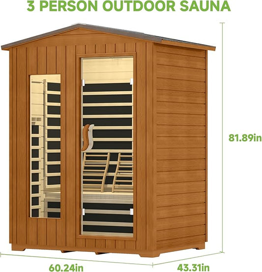 springspa Outdoor Infrared Sauna 3 Person for Home, 15amp Low EMF Far Infrared Spruce Wooden Sauna with Bluetooth,LCD Panel