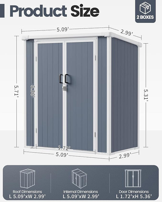 5x3 Resin Garden Sheds & Outdoor Storage on Clearance, Weather-Resistant Plastic Shed with Floor and Lockable Door for Garden Tools, Lawn Mower, Bike, Backyard Organization, Drak Grey