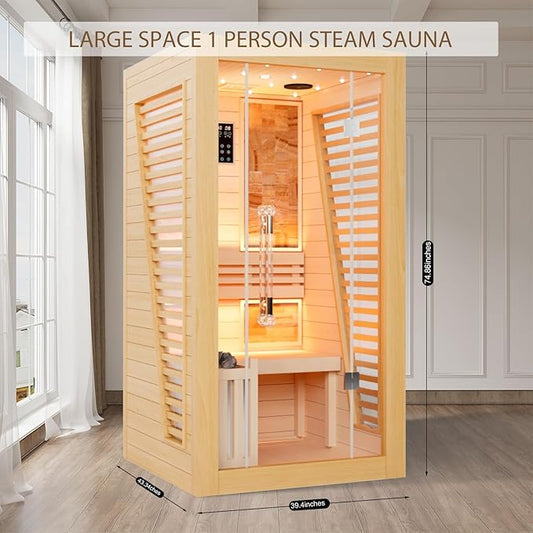 Smartmak Wood Home Steam Sauna, WiFi Control 1 Person Canadian Hemlock Traditional Luxurious Wooden Indoor Spa Room, with 3.5 kw Heater, Speaker, Rocks, Water Bucket, Spoon, Sky Lights