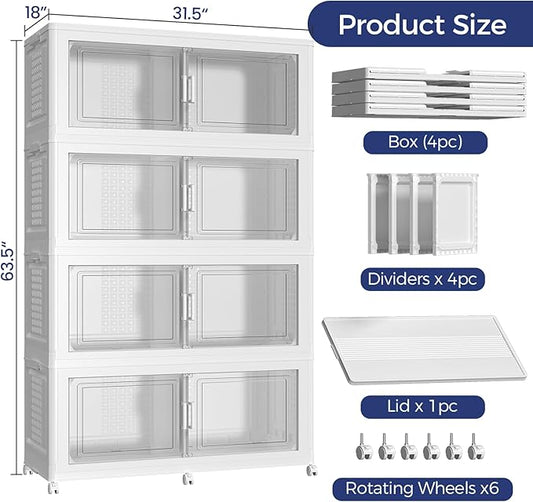 800 QT Extra Large Stackable Storage Bins with Lid, 200 Gal Collapsible Storage Box with Wheels, Folding Closet Organizers and Storage Cabinet with Doors for Home, Kitchen, Office, 4Pack White