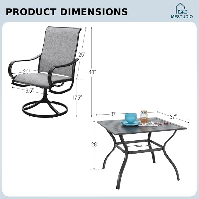 MFSTUDIO Patio Table and Chairs Set of 4, Outdoor Dining Set with Umbrella Hole, 5 Piece Patio Furniture Set for Deck Backyard Poolside Garden