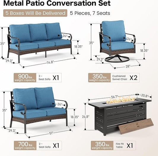 5 Piece Black Metal Outdoor Patio Furniture Sets with Firepit Table, Patio Conversation Sets 1 3-Seater Sofa, 1 2-Seater Sofa, 2 Swivel Sofa with 5.75" Cushion for Backyard Deck, Navy