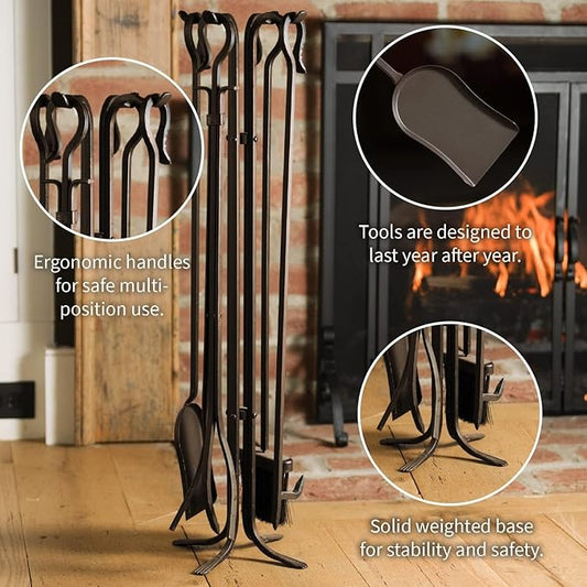 Plow & Hearth 5 Piece Hand Forged Iron Compact Fireplace Tool Set 32.5" | Black Wrought Iron Handle for Outdoor Indoor | Stand Poker Shovel Brush Log Tongs Wood Stove Accessory
