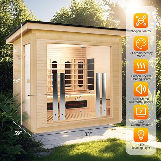 4-5 Person Hybrid Home Wood Sauna, Outdoor WiFi Control Far Infrared & Traditional Hemlock Steam Saunas Spa Room with Red Light Therapy, 14 Heaters& Electric Stove, Accessories Included, Leftdoor