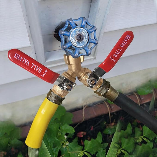 Garden Hose Splitter 2 Way,Brass Water Hose Splitter with Stainless Steel Long Handle,Outdoor Full Flow Hose Splitter Connector,Y Valve 3/4 Inch GHT Thread(Freehand Installation Version)