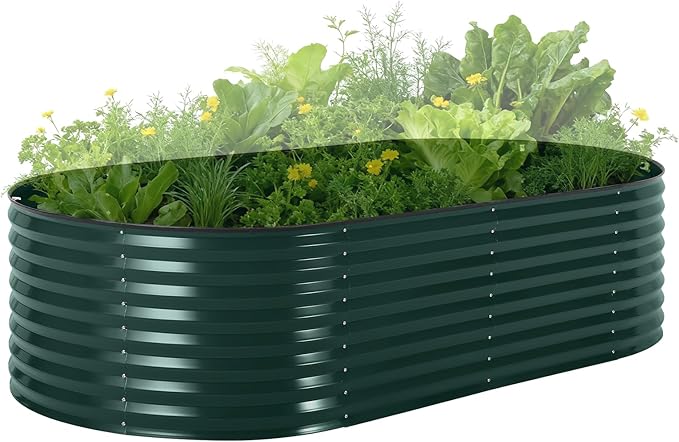 Oval Galvanized Raised Garden Bed Kit with Zippered PVC Cover, Easy Assembly, Thick Metal Outdoor Planter Box for Vegetables, Flowers, Patio Gardening, Dark Green