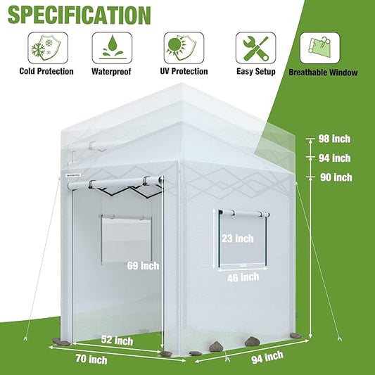 WORKPRO Greenhouse, 94" x70" x98" Instant Pop-up Heavy Duty Gardening Green House Canopy with Robust PE Cover, Indoor Outdoor Plant House Shed with Roll-up Entry Doors and 2 Screen Windows