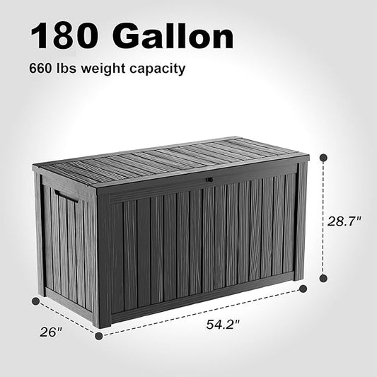 DRATO 180 Gallon Outdoor Storage Box, Large Waterproof Deck Box, Lockable Resin Storage Container with Reinforced Support for Patio Cushions, Garden Tools, UV-Resistant Outdoor Chest(Black)