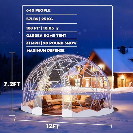 12FT Garden Dome Tent, Geodesic Dome Greenhouse with PVC Clear Cover, Waterproof Garden Bubble Dome Tent House with 2 x 10M Light Strings for Outdoor, Patio, Party