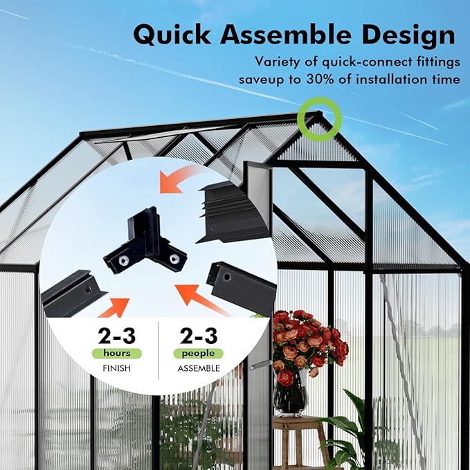 6X7.5 FT Polycarbonate Greenhouse, Walk-in Green House for Outside with Electronic Hygrometer, Reinforced Aluminum Frame Greenhouses, Heavy Duty Garden, Patio, Backyard Flower Planting
