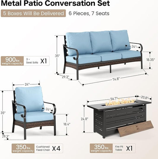 6 Piece Black Metal Outdoor Patio Furniture Sets with Firepit Table, Patio Conversation Sets 1 3-Seater Sofa, 4 Single Sofa with 5.75" Extra Cushion Backyard Furniture for Deck, Blue