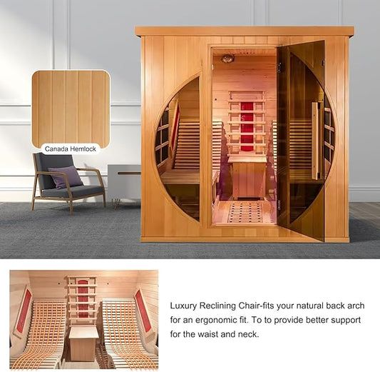 ZONEMEL Full Spectrum Infrared 2 Person Wooden Sauna Room with Recliner, Red Cedar Luxury Indoor Sauna with 10 Heaters, Oxygen Bar, Lights, 3400 Watt, Infrared Therapy Wood Dry Heat Sauna, 220V