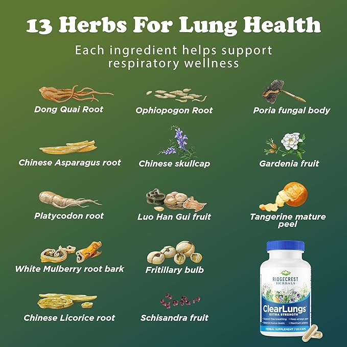 RidgeCrest Herbals ClearLungs Extra Strength, Daily Health Supplement, Natural Lung and Nasal Wellness Formula for Bronchial, Respiratory, Immune, Sinus, and Mucus Support (120 Vegan Caps, 60 Serv)