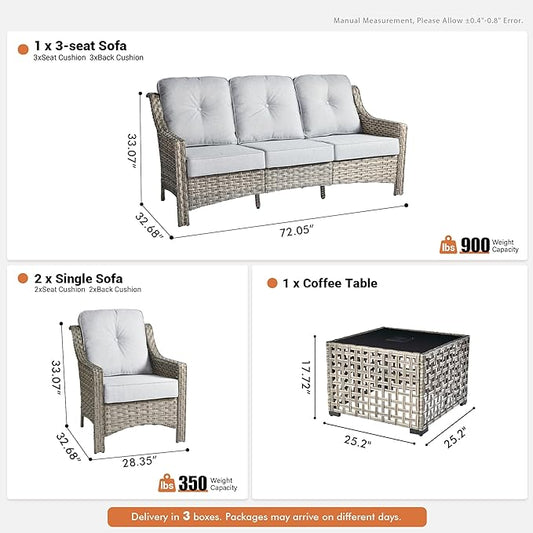 4 Pieces Patio Outdoor Furniture Set,All Weather Wicker Rattan Patio Seating Sofa and Chair Set w/ 3-Seater Sofa and Glowing Coffee Table,Outdoor Conversation Sets for Deck Yard Garden,Grey