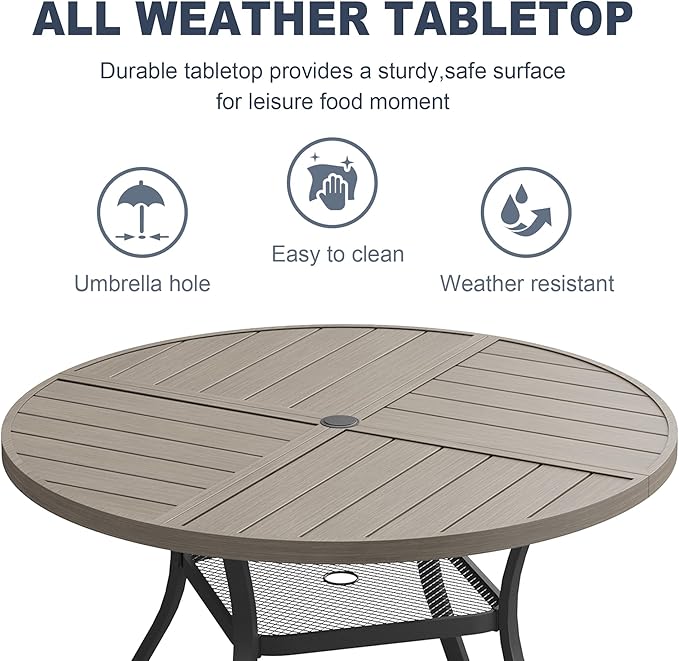 VICLLAX Round Patio Dining Table, 4 Person Metal Outdoor Dining Table with Umbrella Hole and Storage Shelf for Garden Lawn Deck, 40.6" Grey