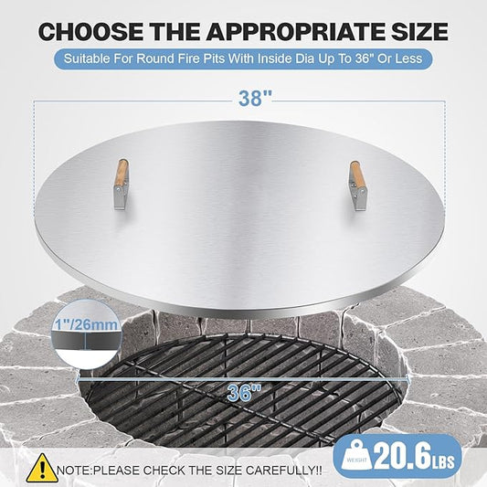 Fire Pit Lid Round - 38" Stainless Steel Rust Resistant Firepit Cover or Table with 2 Wooden Handles for Patio Fire Pit, Weatherproof for All Seasons, Fits Fire Pits Up to 36"